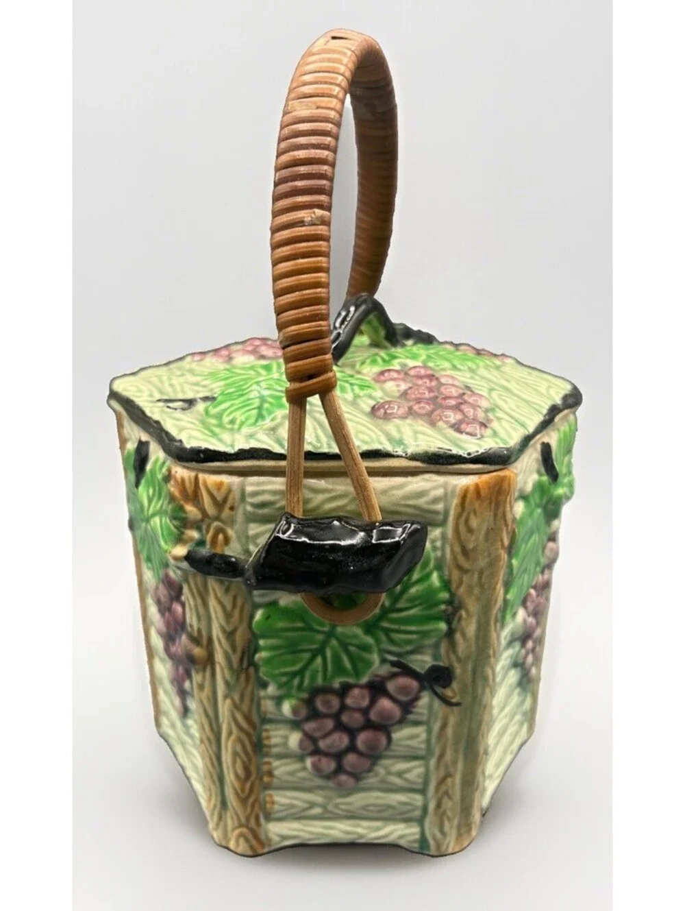 Vintage Japan Majolica Biscuit Cookie Jar Grape Vine Basket Handle Ceramic Lid